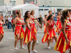 Wellington Batucada drummers and dancers parade at CubaDupa. Photo by Ana Paula Medeiros.