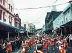 Wellington Batucada drummers and dancers parade at CubaDupa. Photo by Kara Nation.