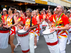 Wellington Batucada drummers and dancers parade at CubaDupa. Photo by Gerry Keating.