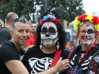Batucada drummers and dancers getting ready for Day of the Dead 2020. Photo by Tom Etuata.