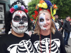 Batucada drummers and dancers getting ready for Day of the Dead 2020. Photo by Charlene Hillyard.