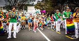 Batucada drummers and dancers performing at Wellington Pride Parade 2019 - photo by Paul Hodgson