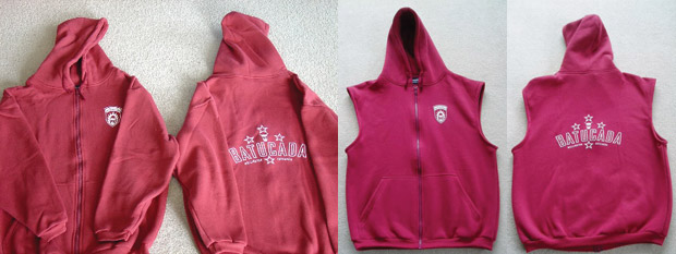 From L to R: hoodie (front), hoodie (back), hooded vest (front), hooded vest (back)