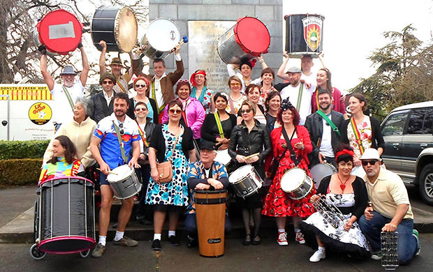 The band in costume at the Hastings Blossom Festival - photo by Simon Shuker