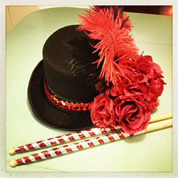 Day of the Dead top hat and drumsticks, ready for CubaDupa