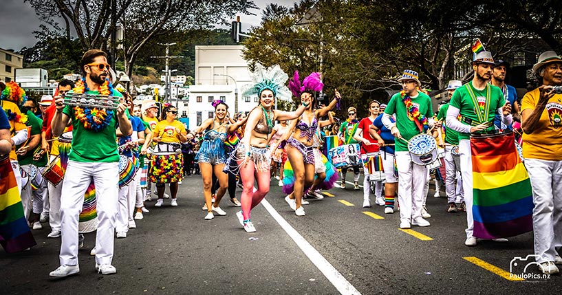 Batucada drummers and dancers performing at Wellington Pride Parade 2019. Photo by Paul Hodgson.