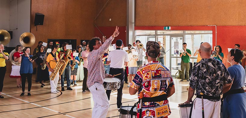 Wellington Batucada in the  Mass Frevo Orchestra at CubaDupa 2025 - photo by Leonora P Soares